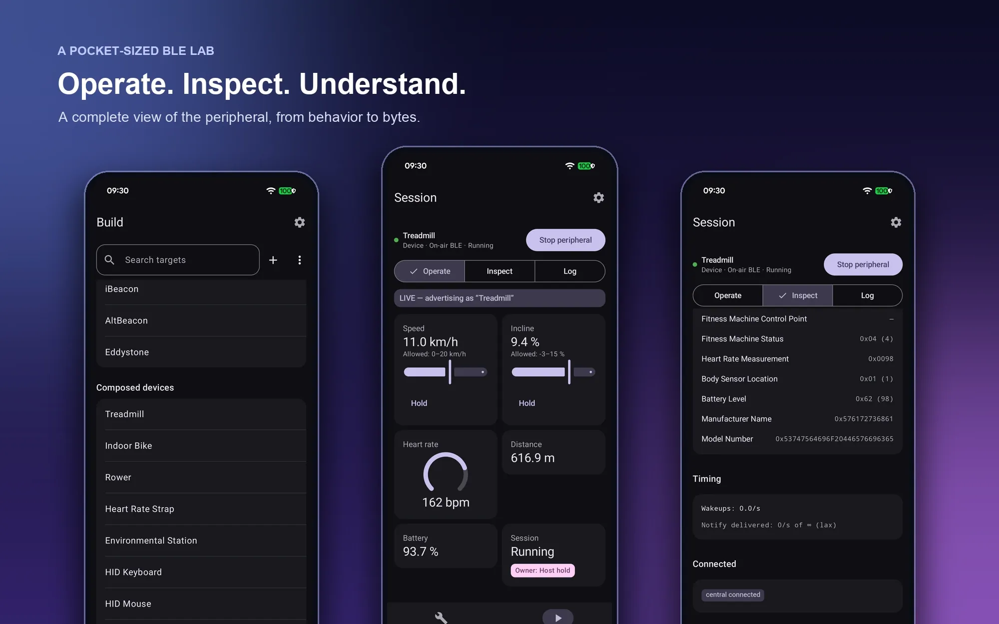 Three Android screens from Warsha BLE Studio: the Build catalog of presets and composed devices, a Treadmill running with live speed, incline and heart rate, and the inspector listing each characteristic's raw value.