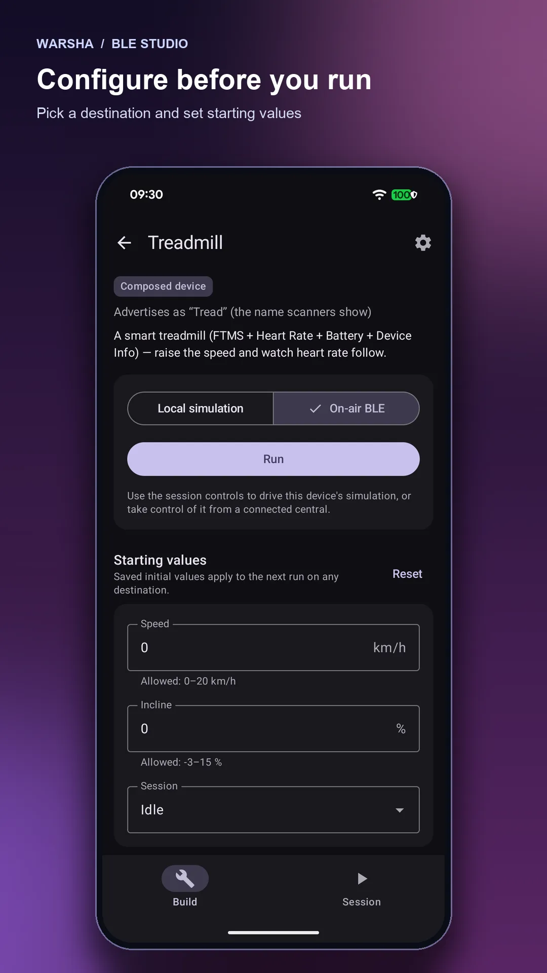Configure before you run: the Treadmill's detail page with its run destination and starting values.