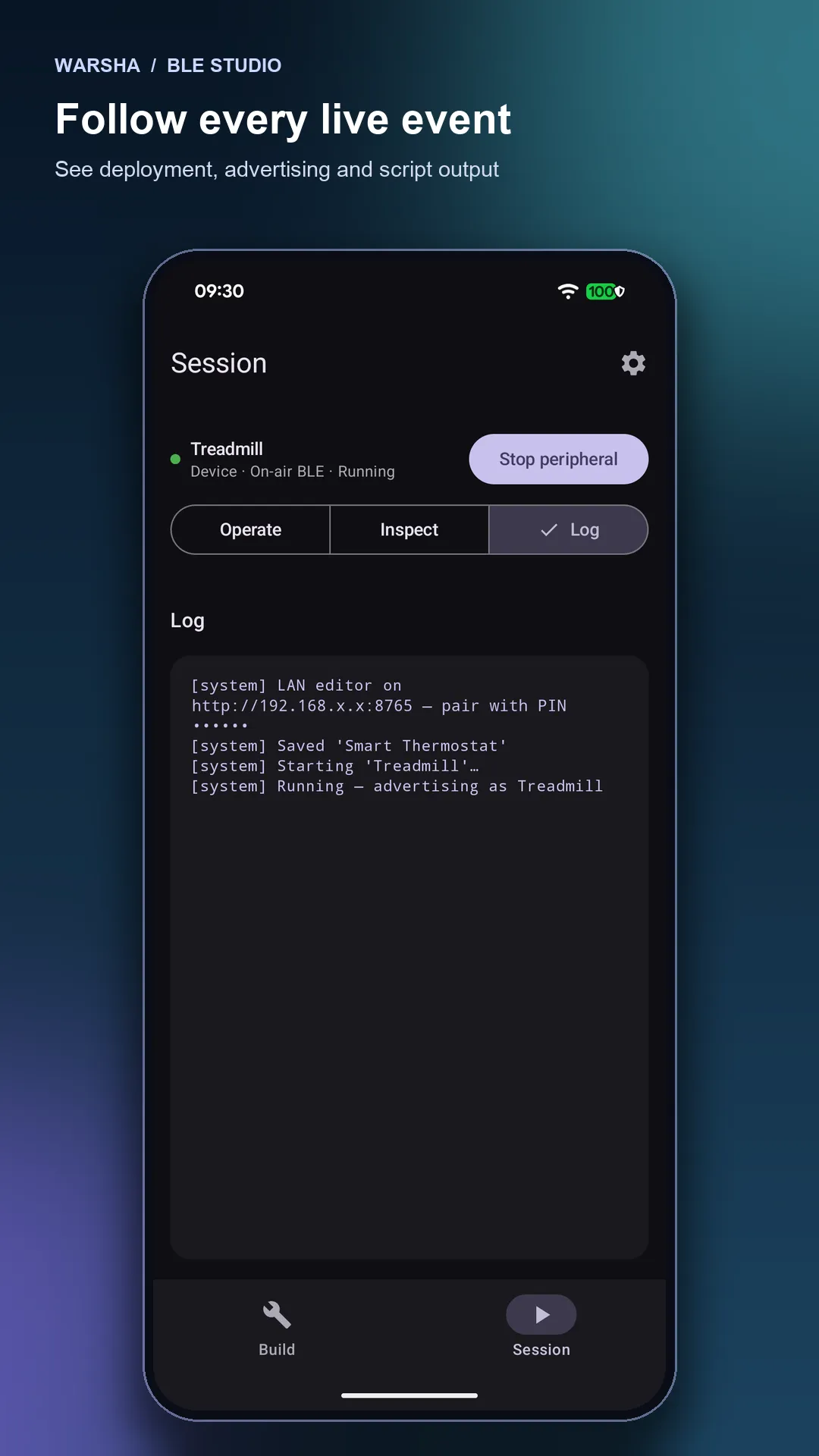 Follow every live event: the session log from the editor starting to the peripheral advertising.