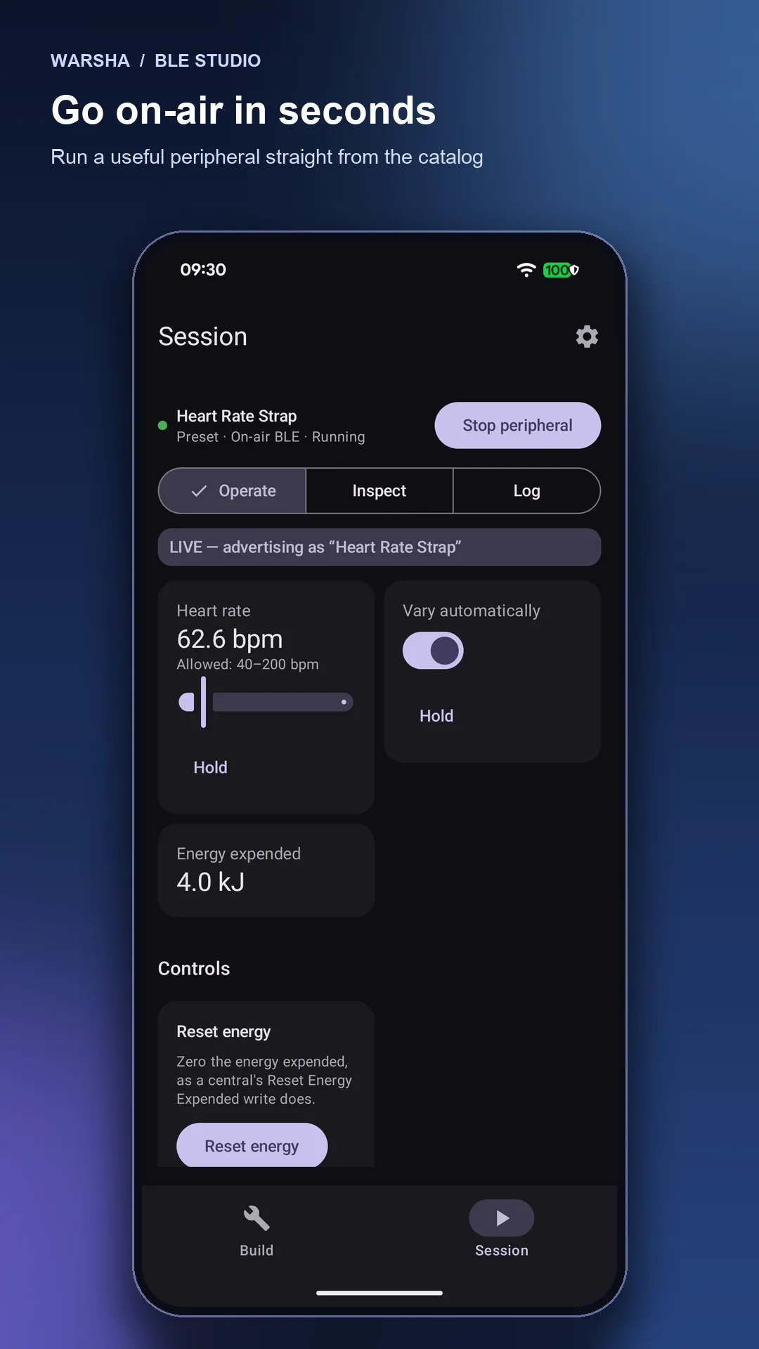 Go on-air in seconds: a Heart Rate Strap advertising with its live heart-rate control.