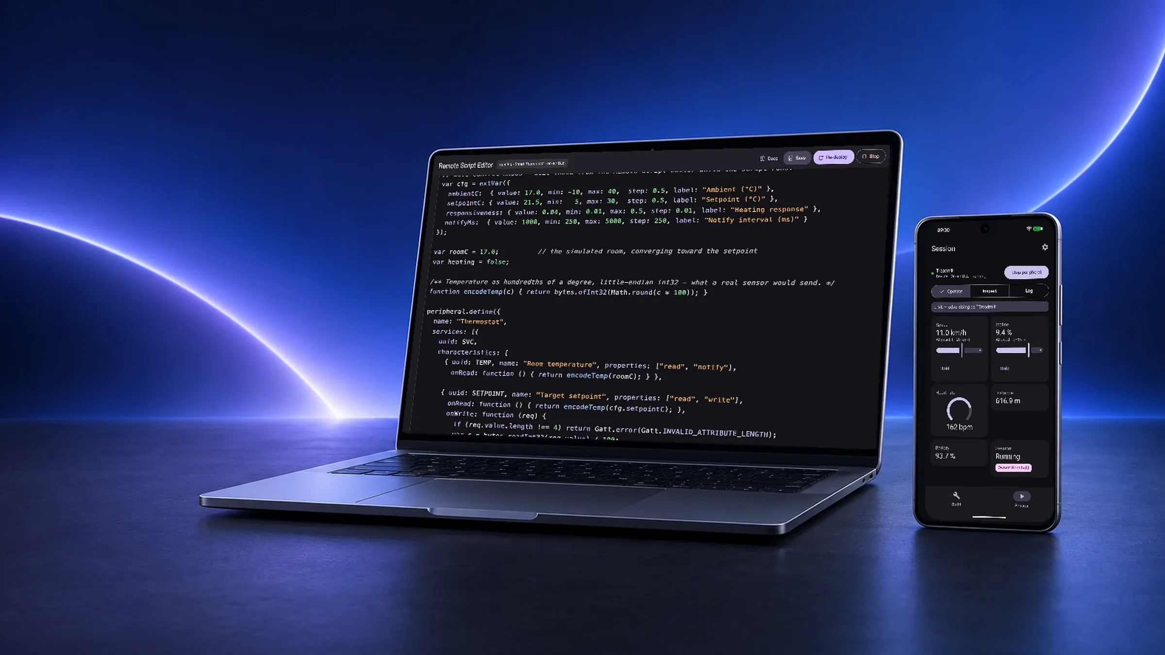 A laptop showing the Remote Script Editor next to an Android phone running the peripheral it deploys.