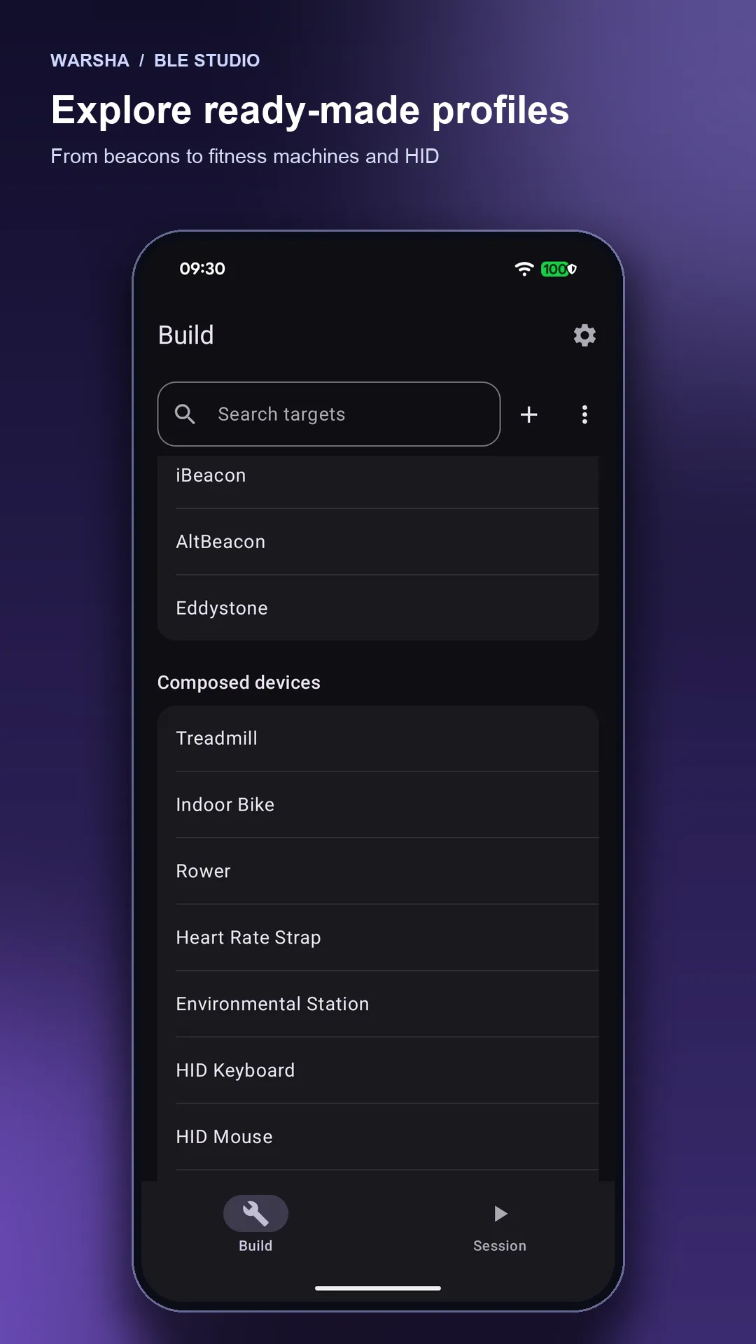 Explore ready-made profiles: the catalog of beacons and composed devices such as Treadmill, Indoor Bike, Rower and HID Keyboard.