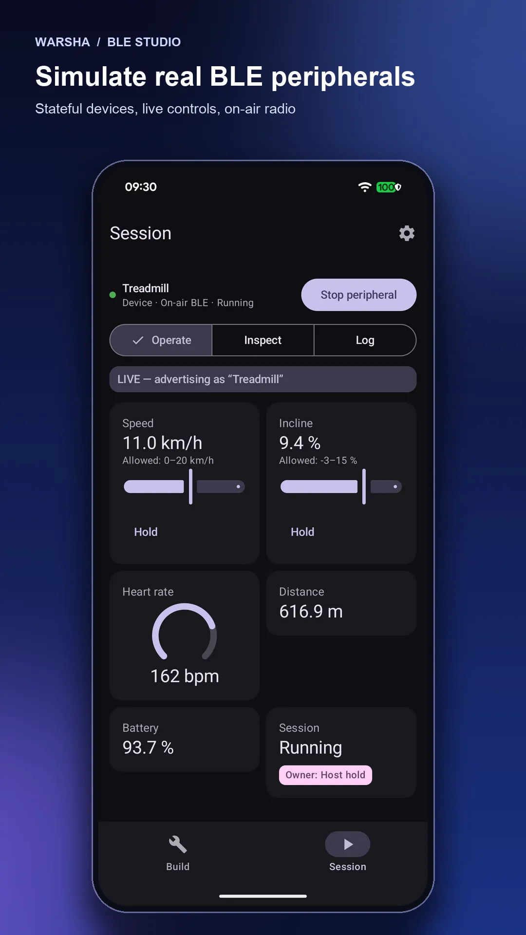 Simulate real BLE peripherals: a Treadmill running on-air with speed, incline, heart rate and distance updating live.