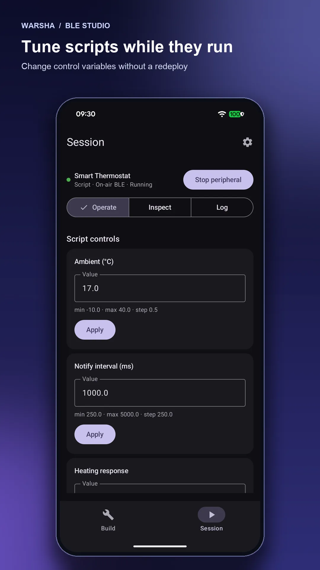 Tune scripts while they run: a script's control variables as native controls in the Session tab.